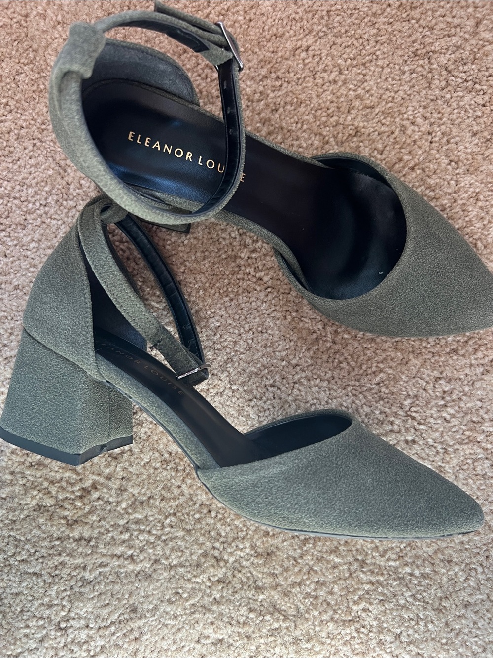 Eleanor Lou Olive Suede Pointed Block Heel Sandal